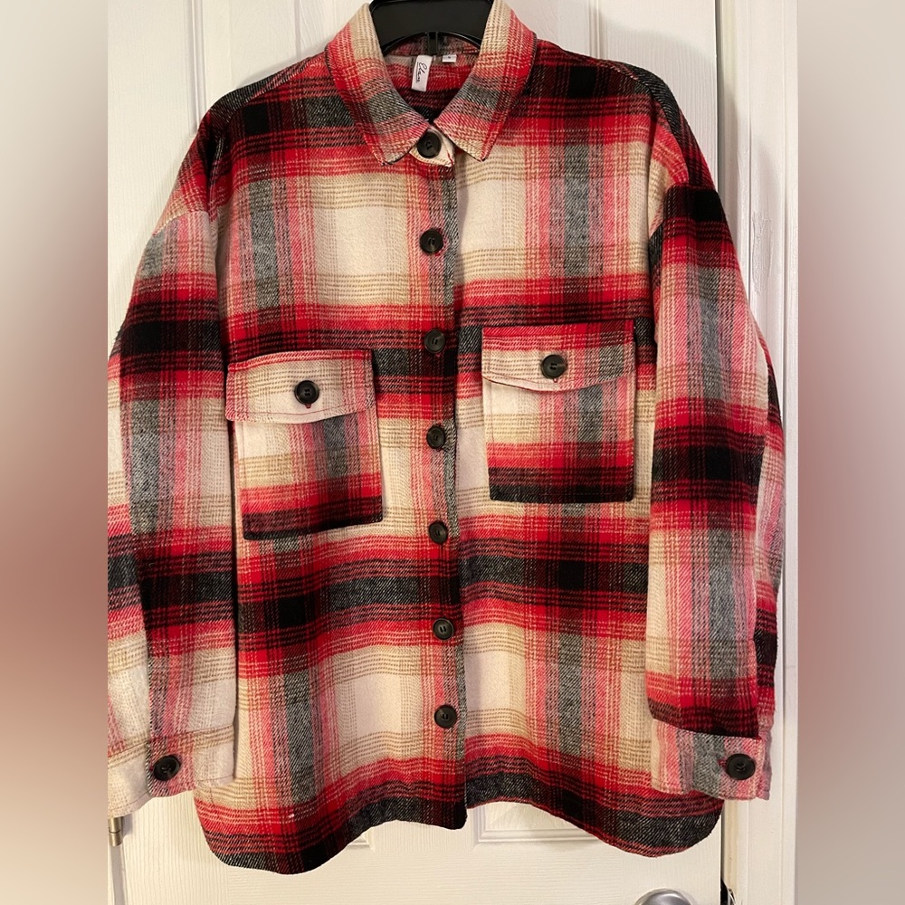 Elan plaid jacket (button down shirt jacket) in red/white/black/khaki